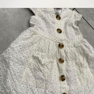 Little Lass White Eyelet Dress with Brown Buttons